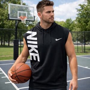 Nike Hoodie Men S  Black Spell Out Sleeveless Hooded Swoosh Dri Fit Sports